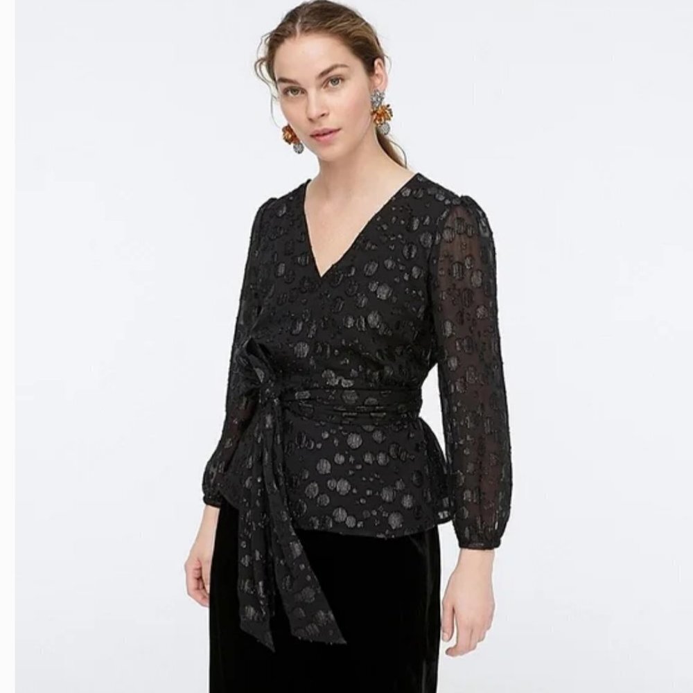 J. Crew Tie-waist V-neck Long Sleeve Top / Blouse in Metallic Dot Jacquard S